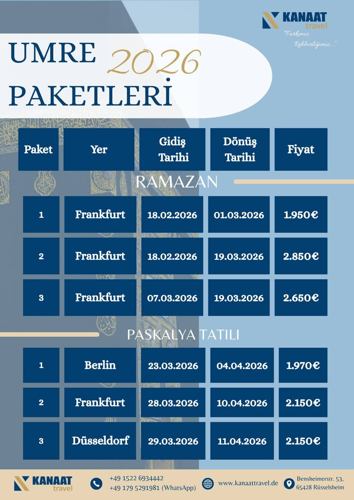 Kanaat Travel Umre Fiyatlari 2026 | Umre Preise
